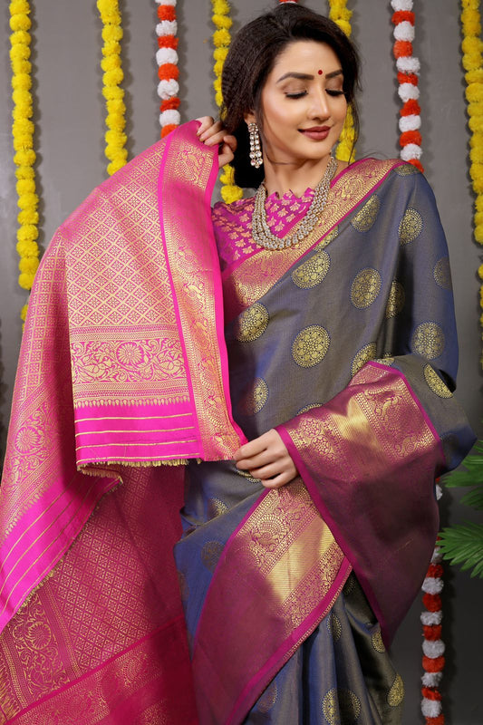 Kanchipuram Handloom Weaving Silk Saree embroidery and fabric detail - Neha Couture Indian Fashion