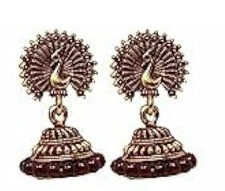 Women's Traditional Gold Ethnic Antique South Indian Round Pearl Moti Feather Peacock Jhumka Earrings