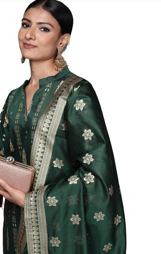 Green Floral Printed Chanderi Silk Kurta with Trousers & With Dupatta In Germany