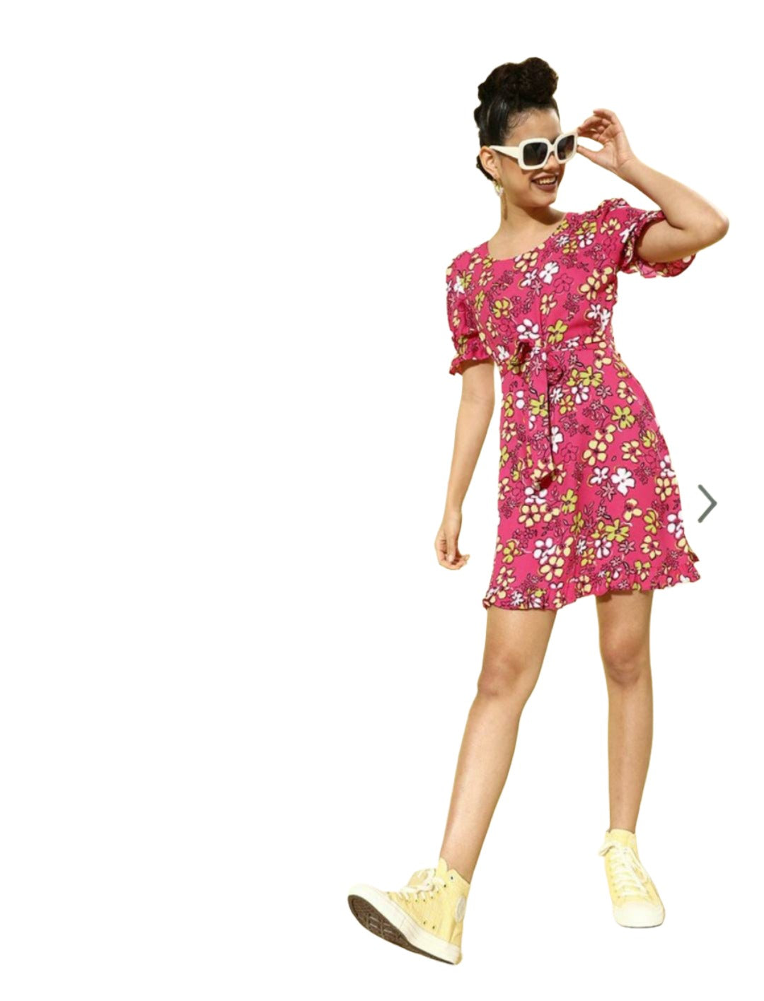 Women Pretty Pink Floral Cinched Waist Dress