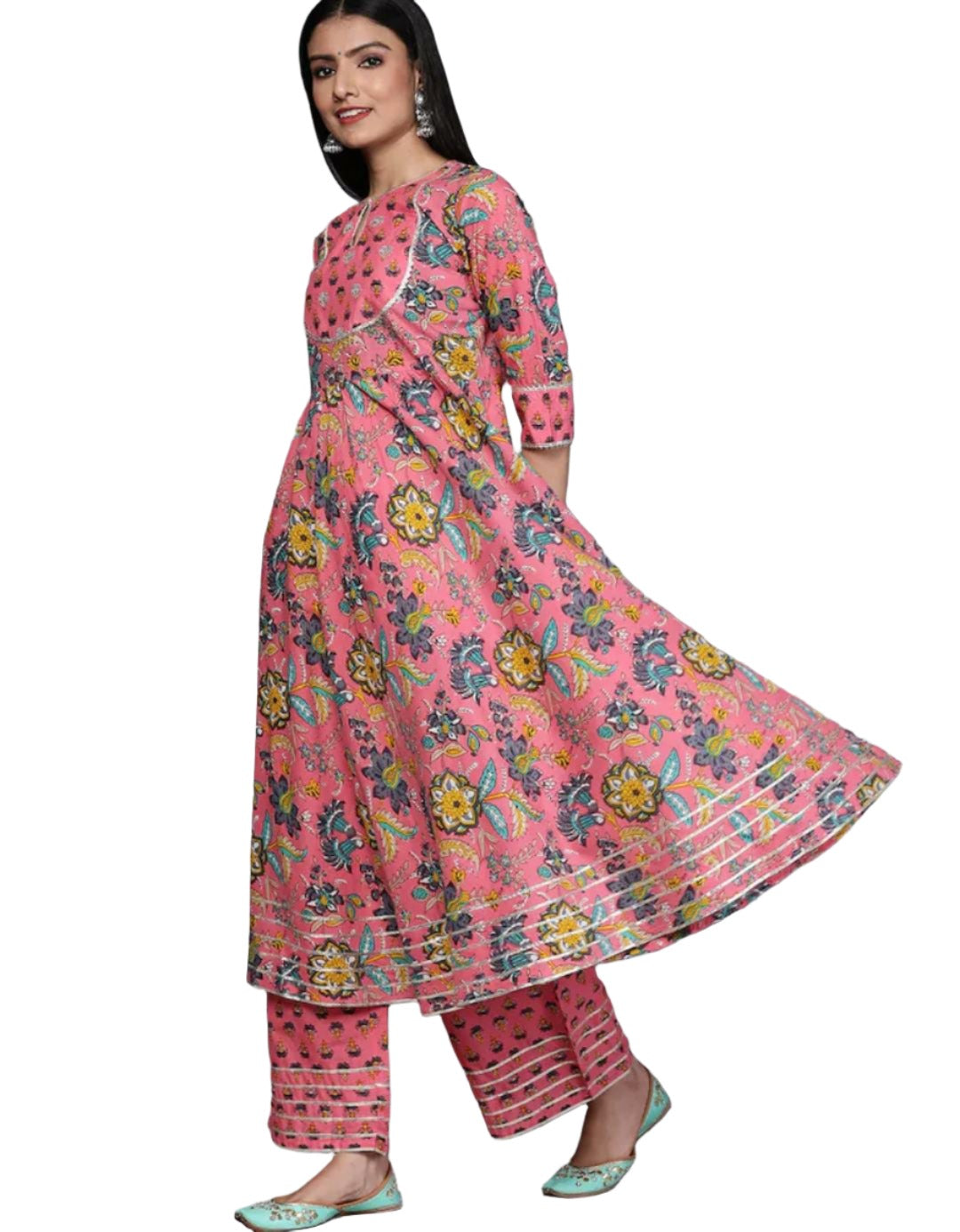 Rosa floral bedruckte getäfelte Kurta aus reiner Baumwolle mit Palazzos und Dupatta