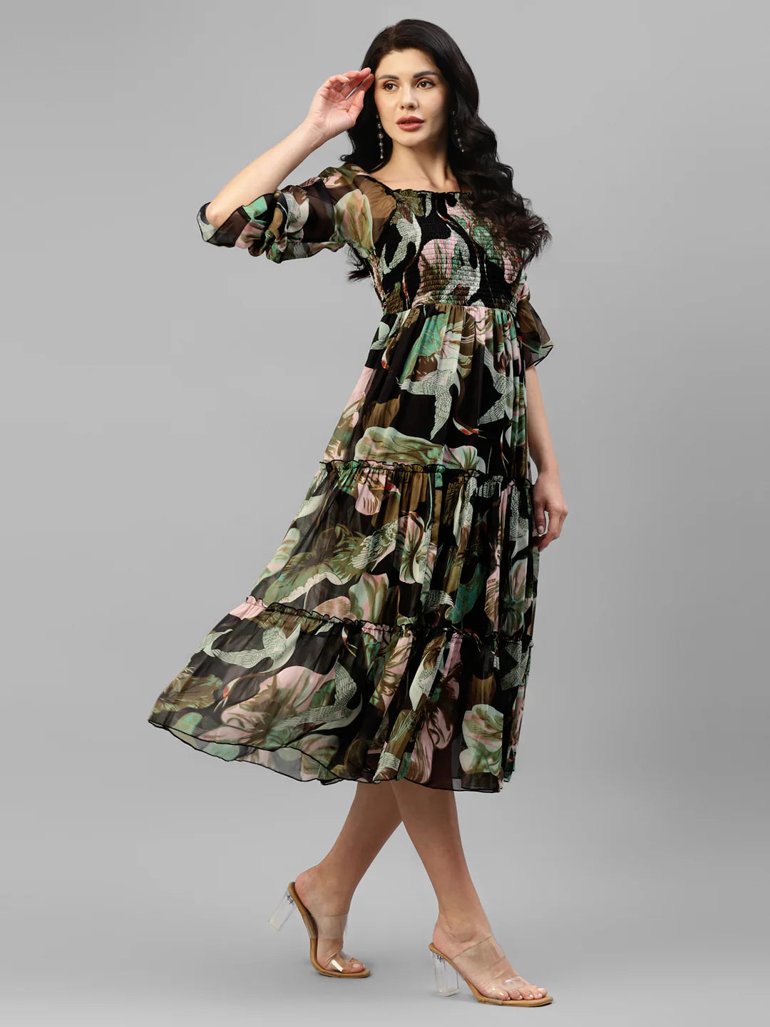 Black Multi Colour Printed Chiffon Smocked Tiered Dress in Germany