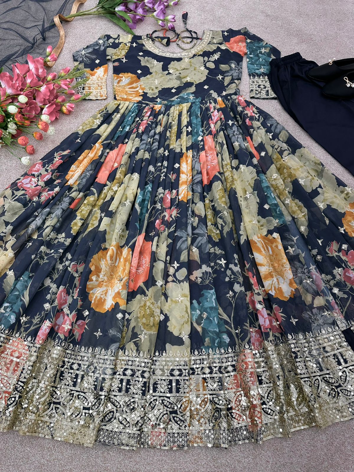 New Designer Party Wear Look Digital Print Top With Embroidery Sequence Work With Bottom and Dupatta