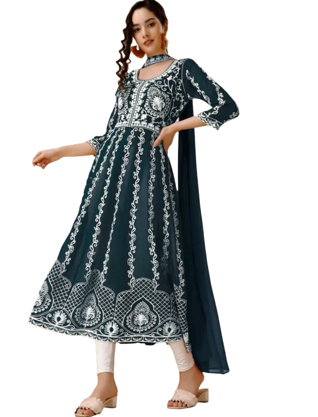 Teal & White Ethnic Motifs Embroidered Chikankari Kurta & Dupatta