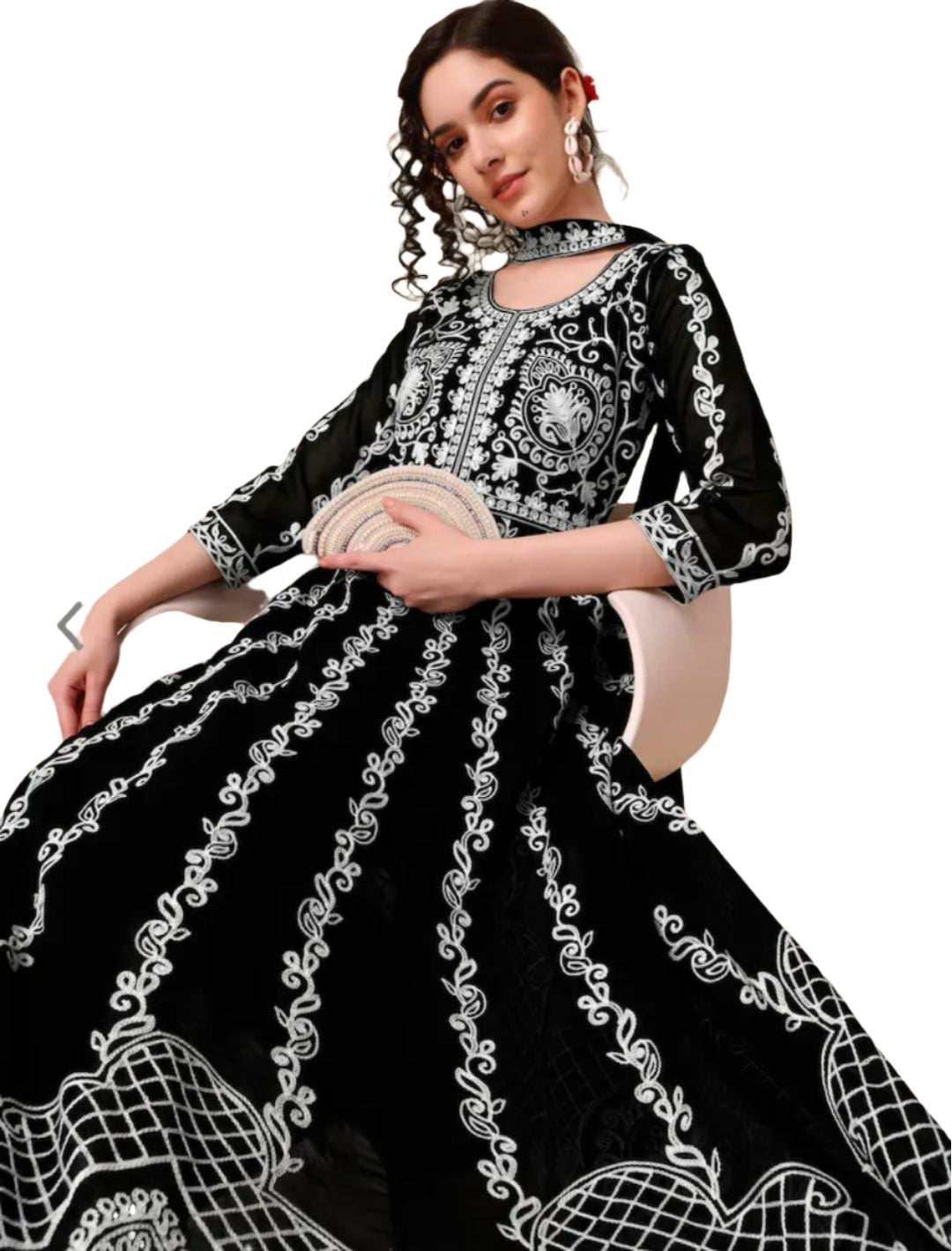 Schwarze Lucknowi Chikankari bestickte Georgette Anarkali Kurta mit Dupatta