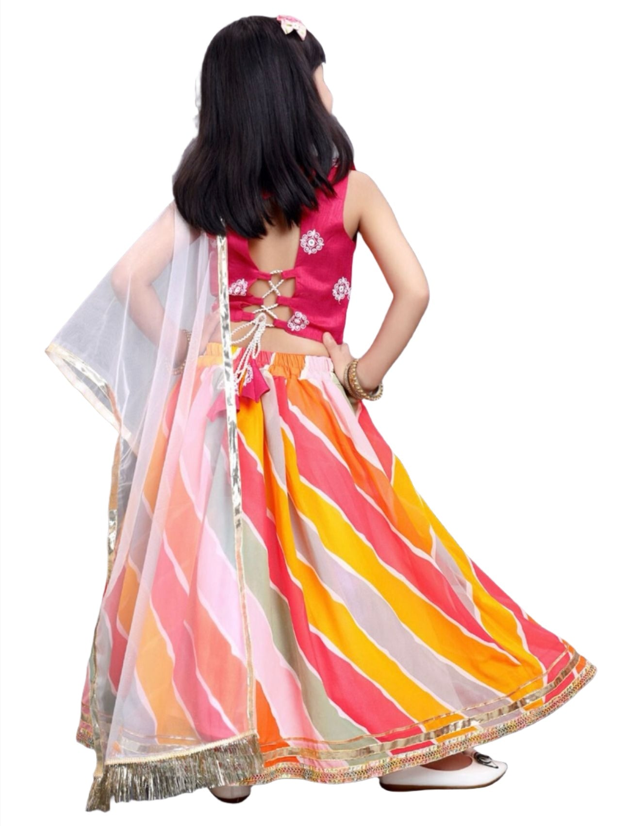 Lehenga & Blouse With Dupatta for girls Pink & Orange Embroidered Ready to Wear