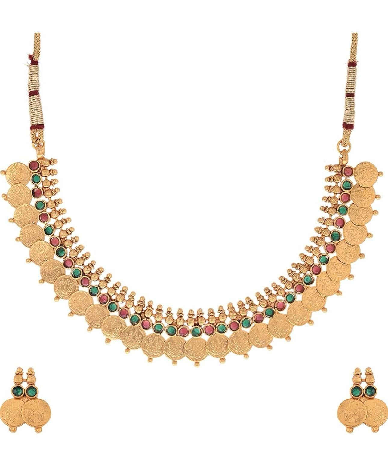Jewellery Set Gold Plated Traditional Temple Coin Maharani Necklace Set & Red Green Temple Coin Necklace Set With Earring Jewellery For Women and Girls