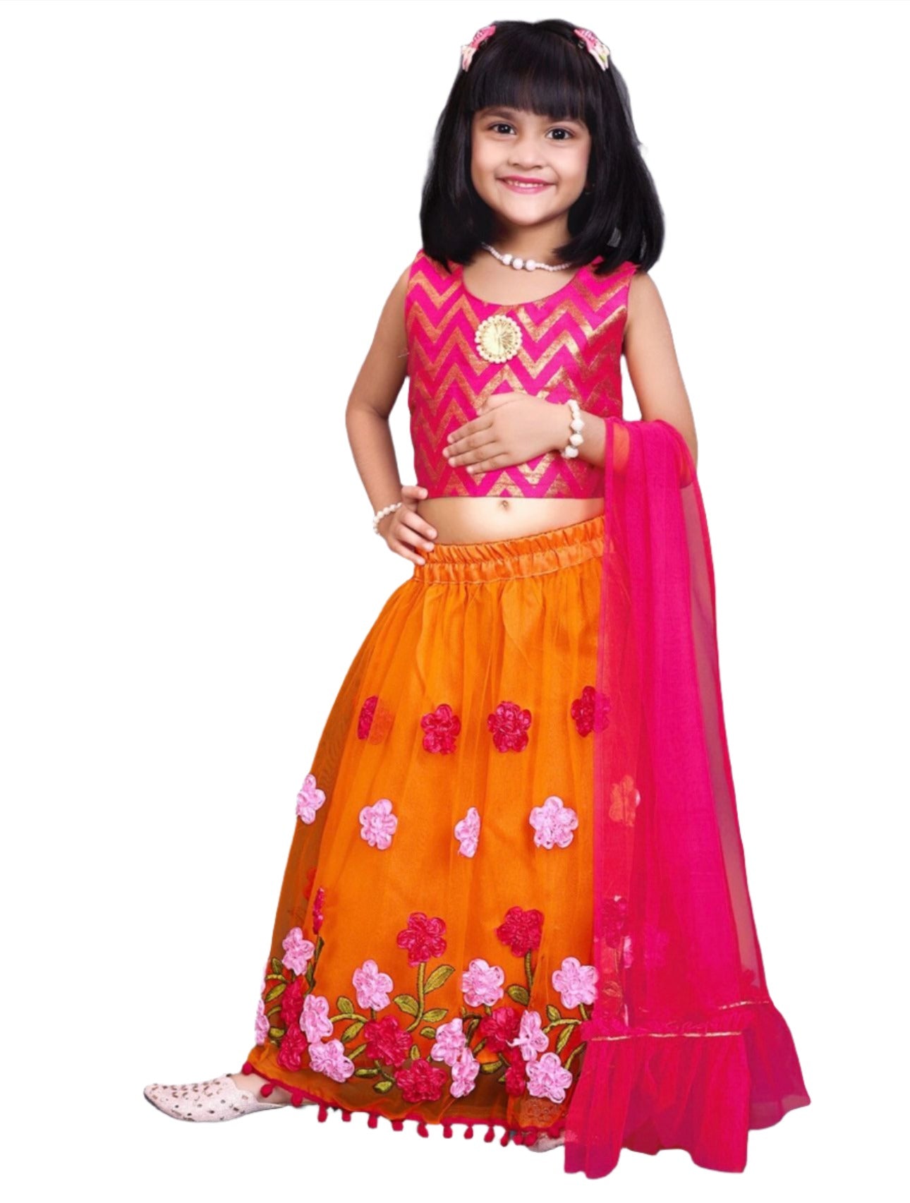 Lehenga & Blouse With Dupatta for Girls with Chevron Printed Thread Work Ready to Wear