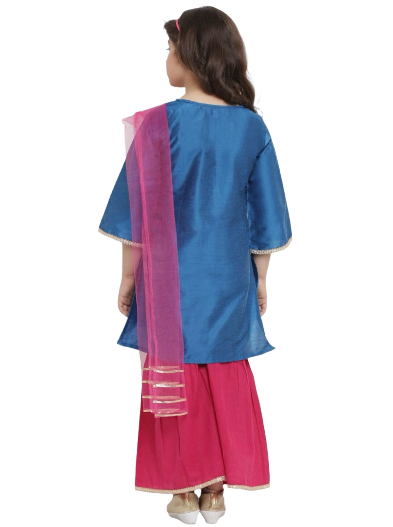Silk Kurta with Palazzos & Dupatta for Girls Blue Angrakha Gotta Patti Dupion