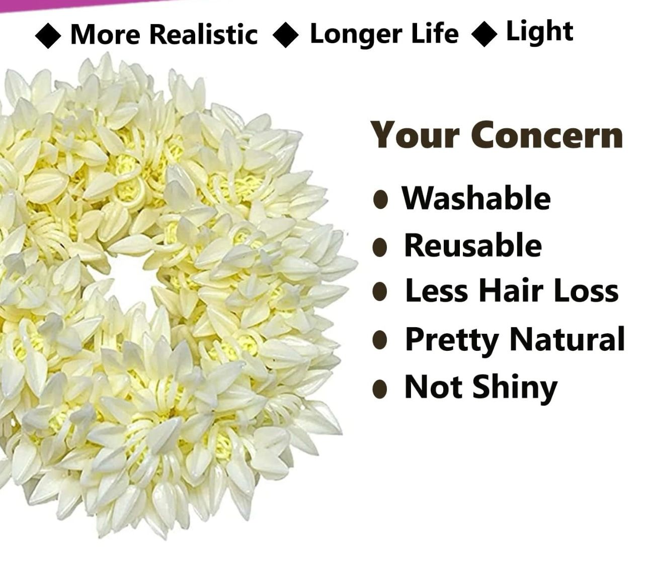 Scented Mogra Gajra Hair Accessories For Women & Girls - Hair Flower Bun Artificial Fake Gajra Scrunchies Rubber Band - Premium & Voluminous, White