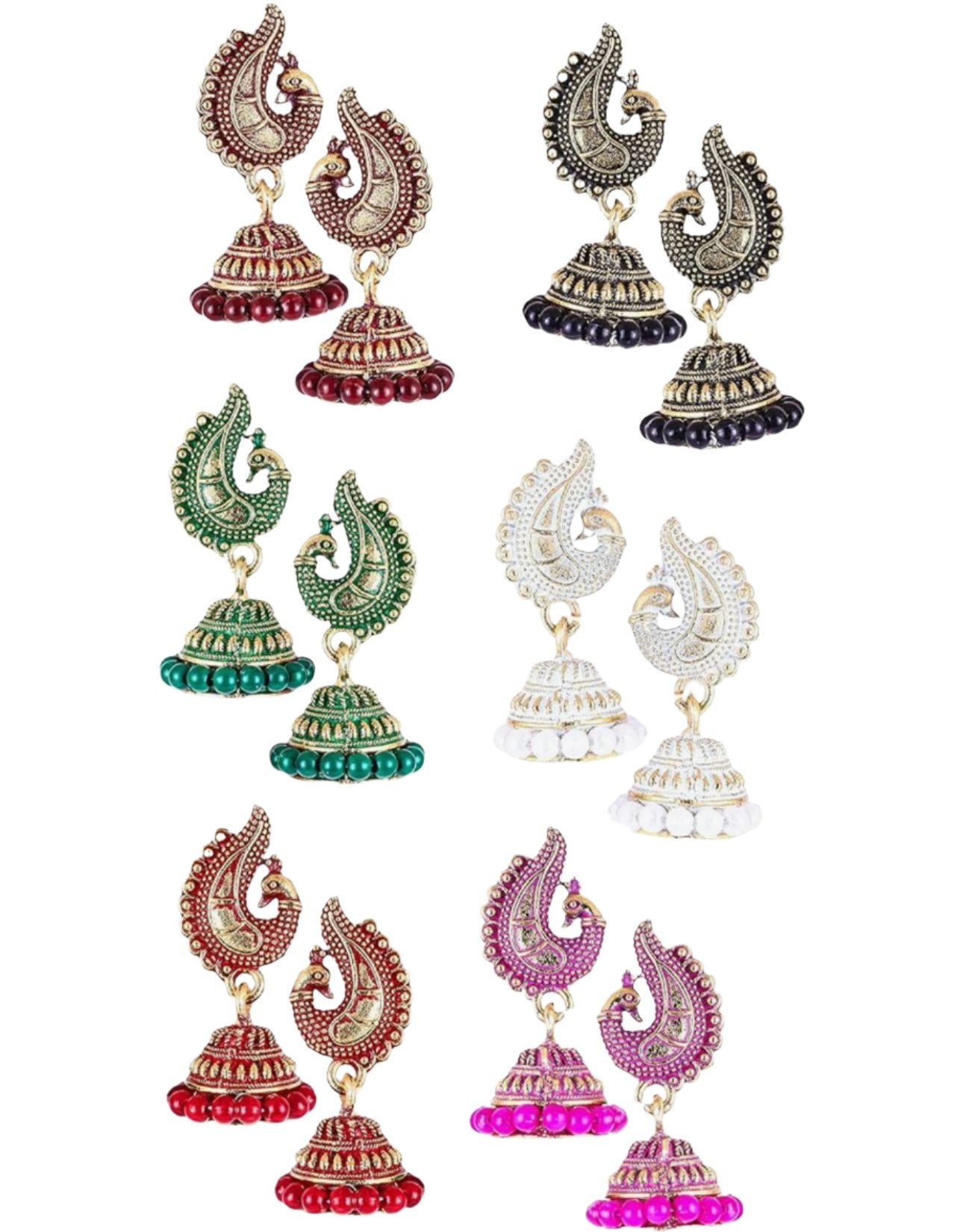 Peacock Jhumkas Jhumka jhumki Earrings Combo set Ear rings For Women girls Ladies Traditional Wedding Temple Gold Meenakari Ethnic Antique South Indian Round Pearl Moti Feather jhumki