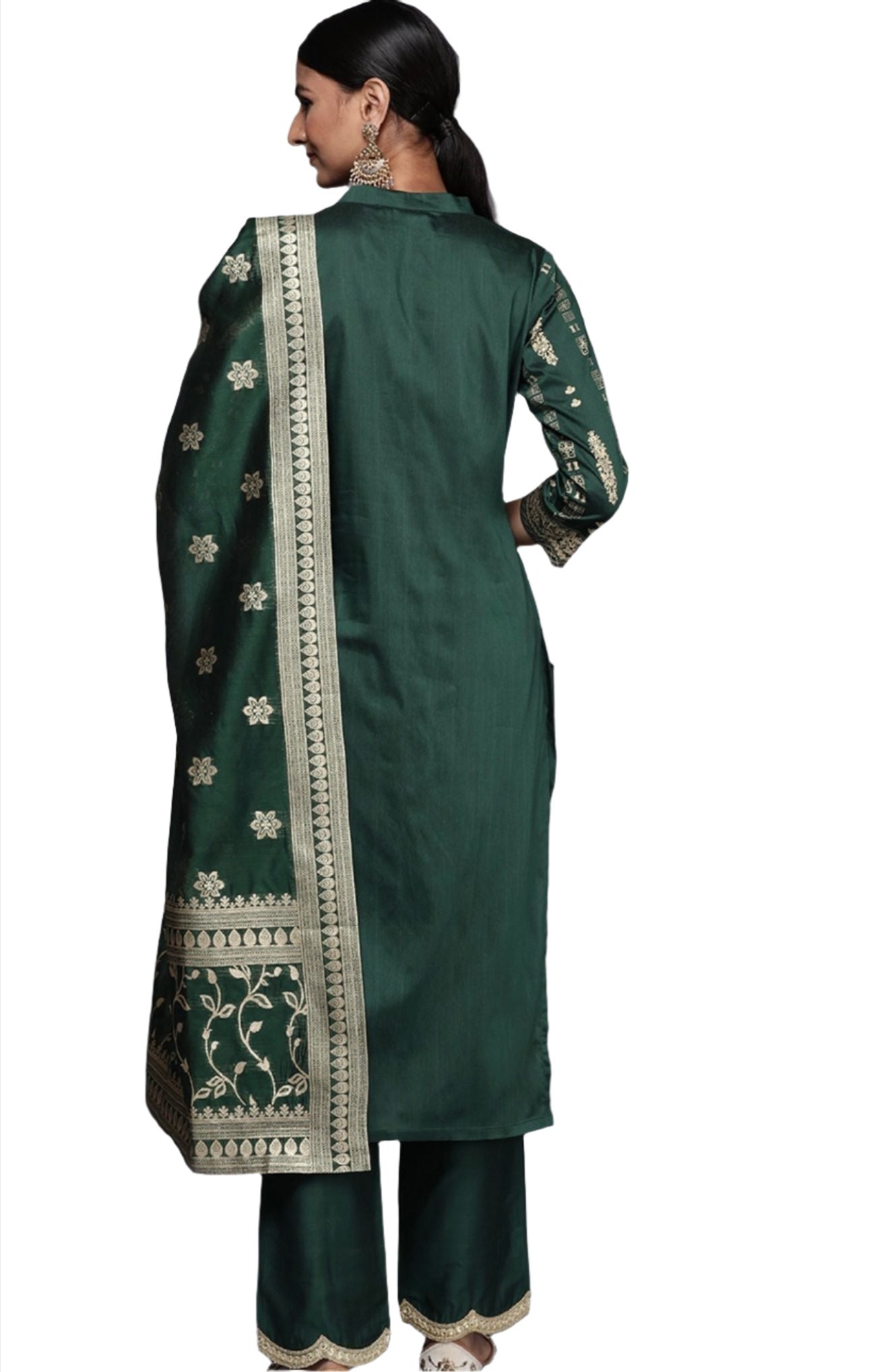 Green Floral Printed Chanderi Silk Kurta with Trousers & With Dupatta In Germany