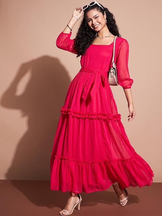 Self Design Puff Sleeve Tiered Ruffled Maxi Dress in Germany