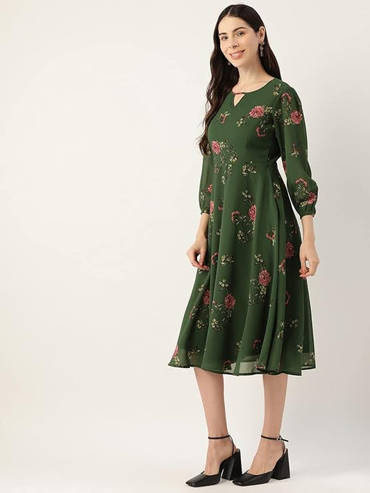 Georgette Casual Floral Printed Dress embroidery and fabric detail - Neha Couture Indian Fashion