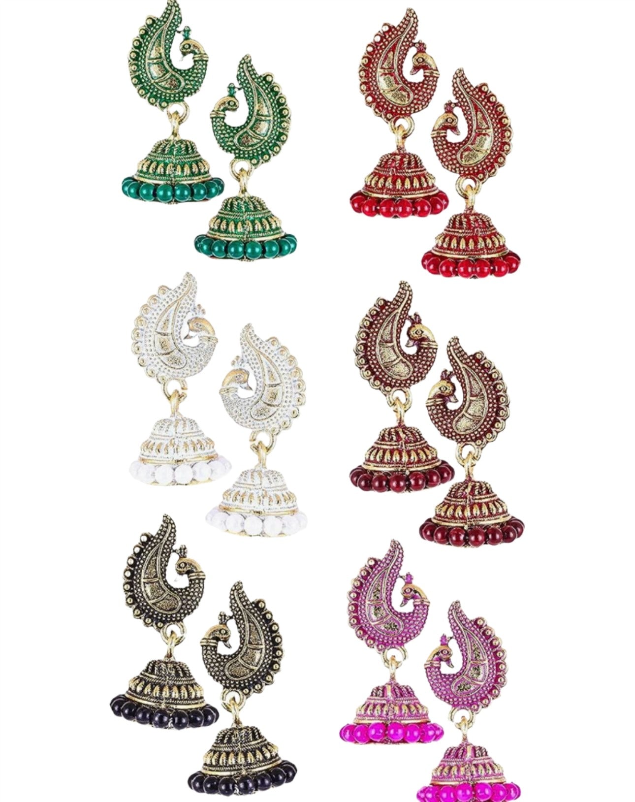 Peacock Jhumkas Jhumka jhumki Earrings Combo set Ear rings For Women girls Ladies Traditional Wedding Temple Gold Meenakari Ethnic Antique South Indian Round Pearl Moti Feather jhumki
