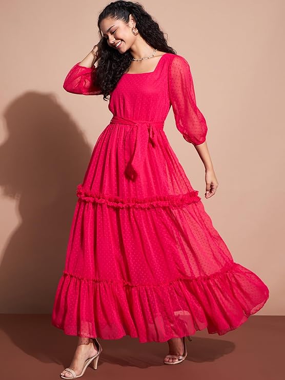 Self Design Puff Sleeve Tiered Ruffled Maxi Dress in Germany