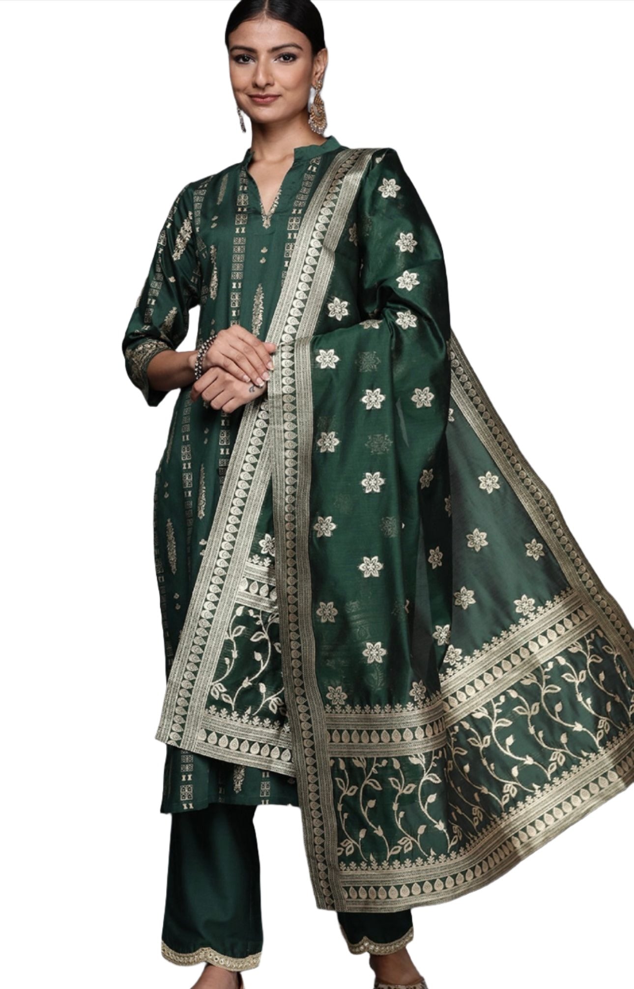 Green Floral Printed Chanderi Silk Kurta with Trousers & With Dupatta In Germany
