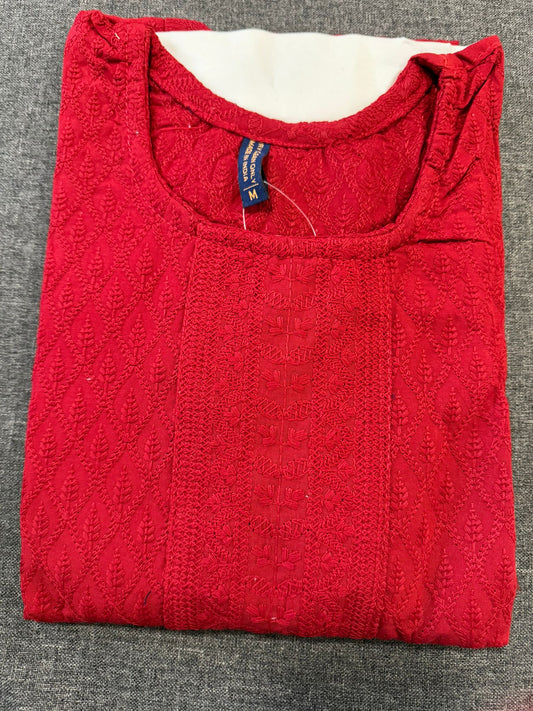 Women Red Embroidered Chikankari Straight Kurta embroidery and fabric detail - Neha Couture Indian Fashion