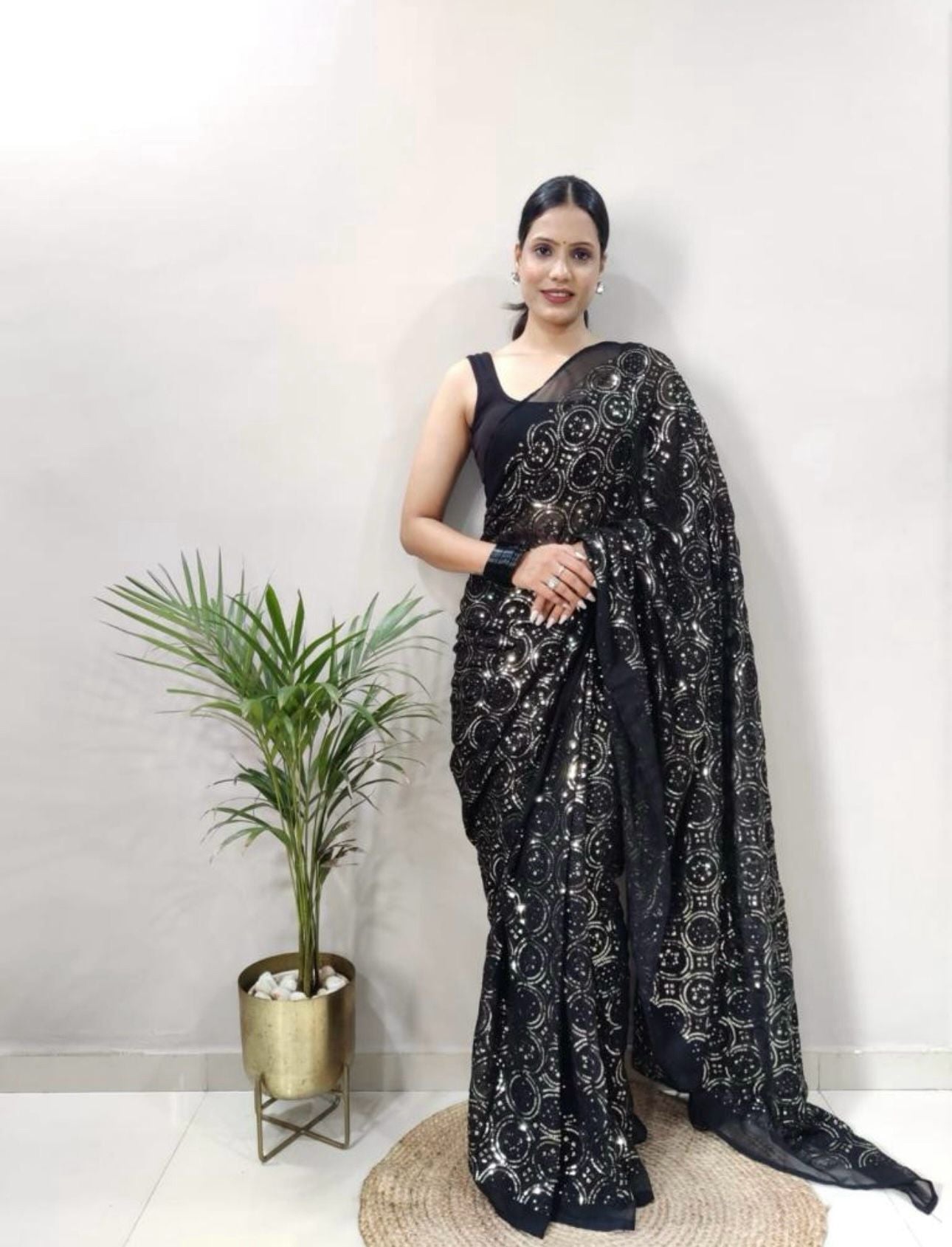Ready To Wear Black Sequins Georgette Cocktail Party Wear Saree