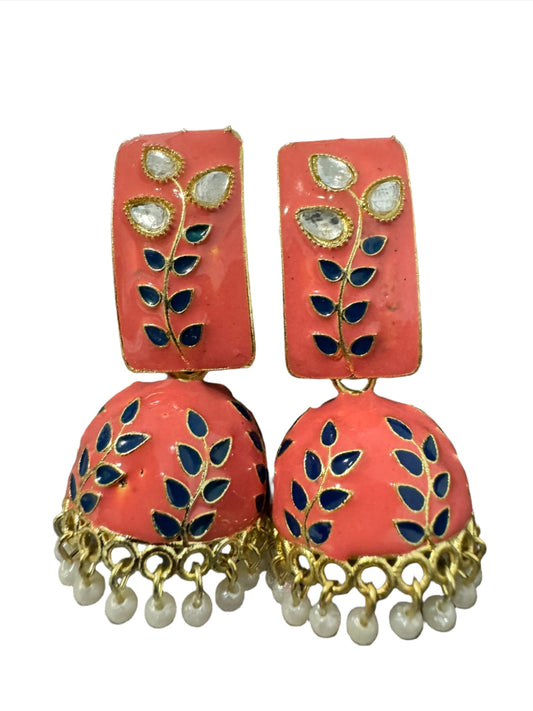 Floral Handcrafted Enamel Kundan Pearl Jhumki Earrings for Women