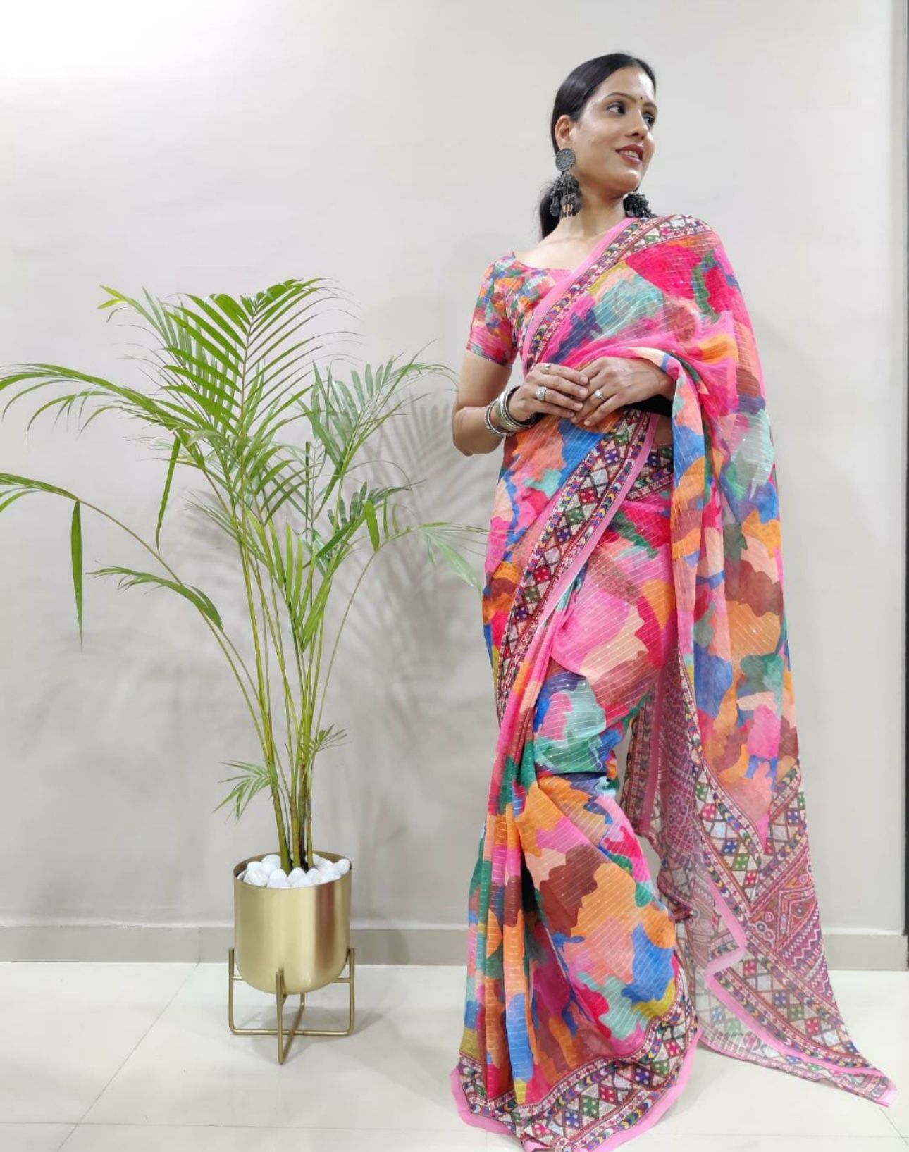 Ready To Wear Saree Premium Georgette With Digital Print With Crochet Sequins Work