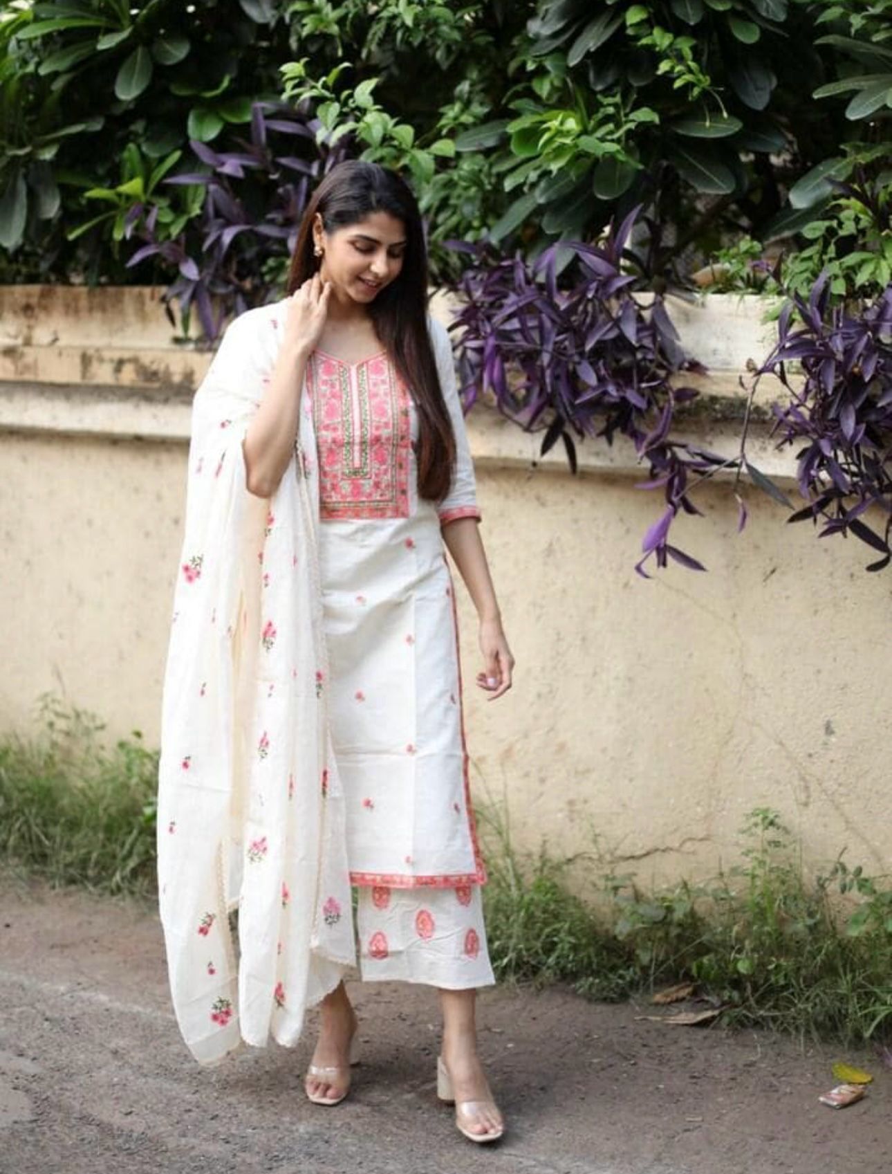 Off White & Pink Cotton Floral Thread Work Kurta with Palazzos & Dupatta