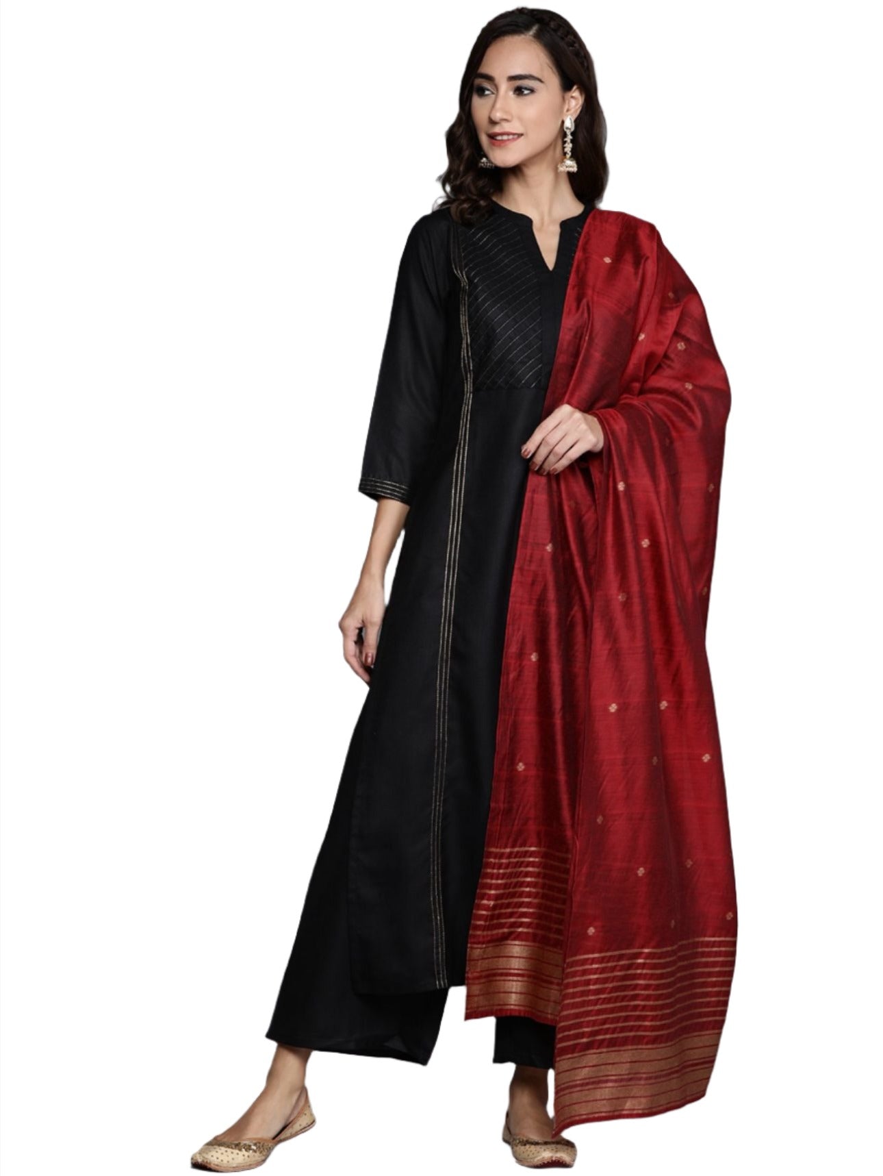 Black Pure Cotton Yoke Design Panelled Kurta with Palazzos & Dupatta