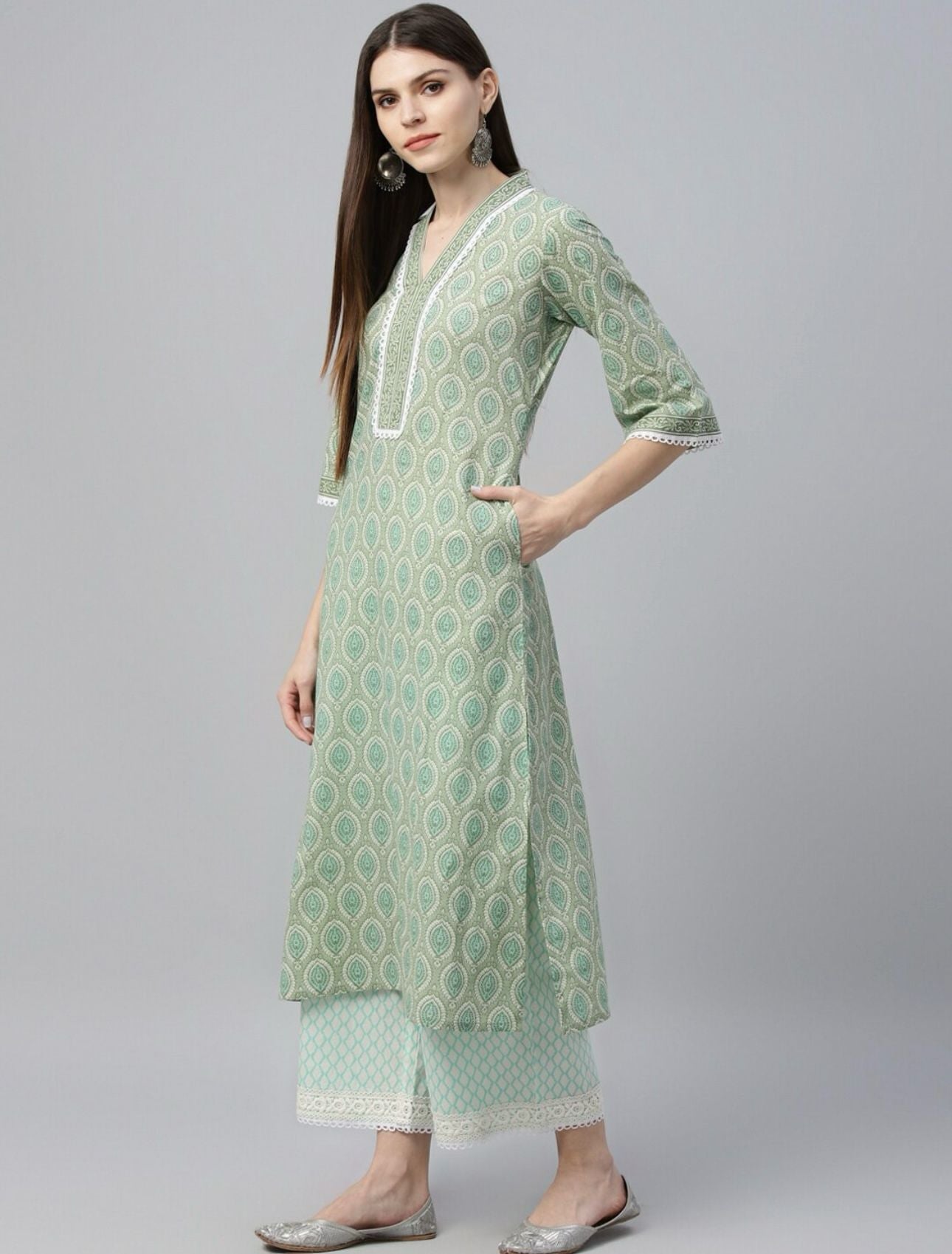 Women Green Printed Kurta with Palazzos Dupatta