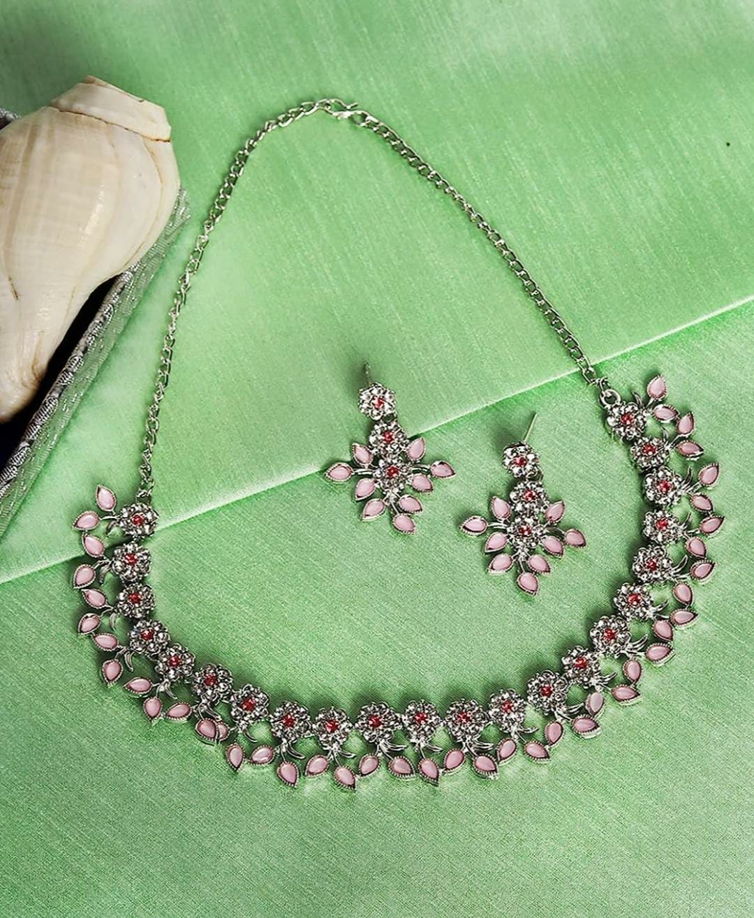 Pink Kundan Silver Plated Crystal AD Diamond Necklace Jewellery Set with Earrings for Women and Girls Suits Best Party, Wedding and Occasional Wear