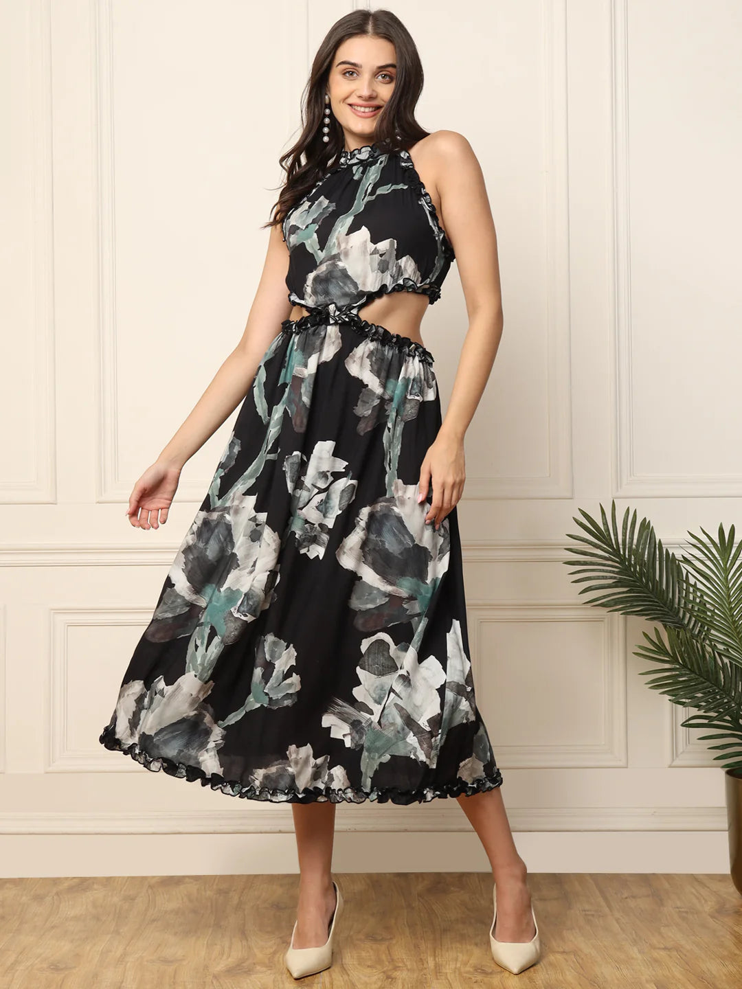 Black Abstract Printed Waist Cut Out Women Dress in Germany