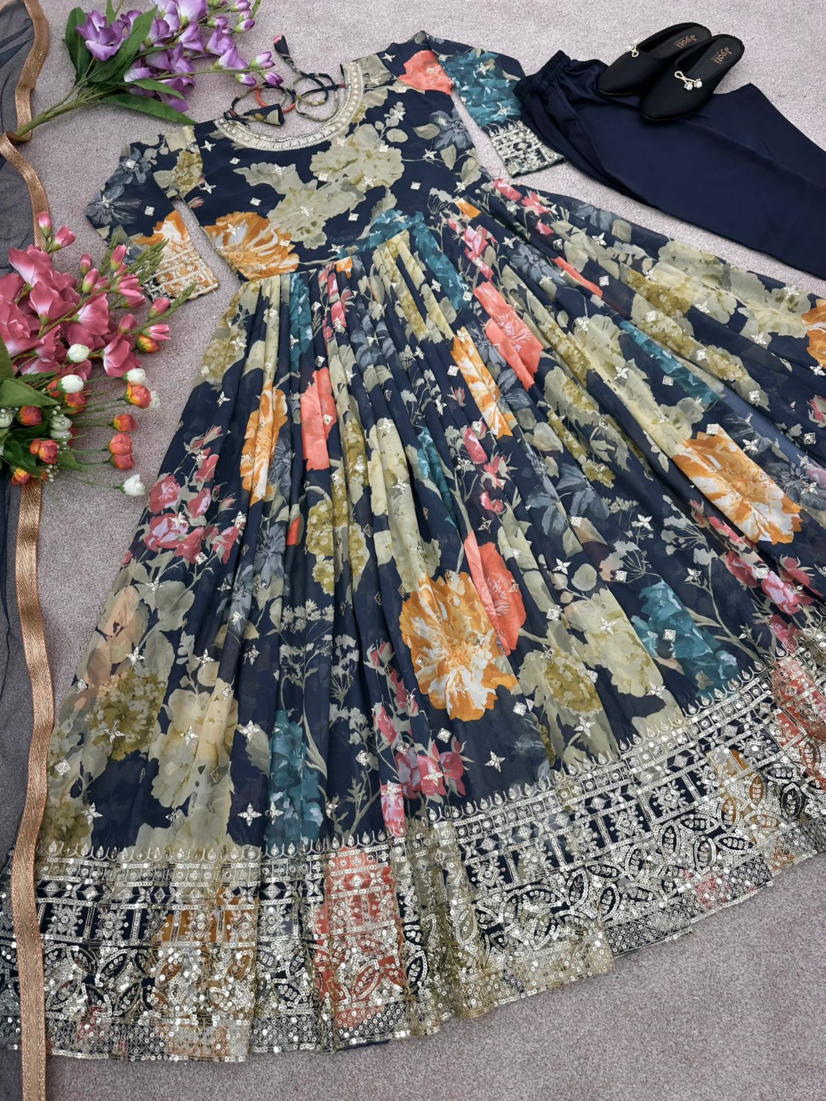 New Designer Party Wear Look Digital Print Top With Embroidery Sequence Work With Bottom and Dupatta