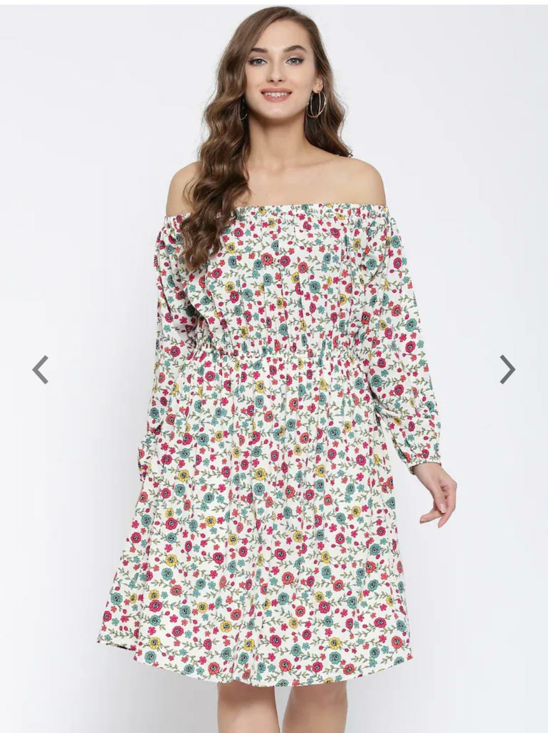 Women Off-White & Pink Floral Printed Blouson Dress