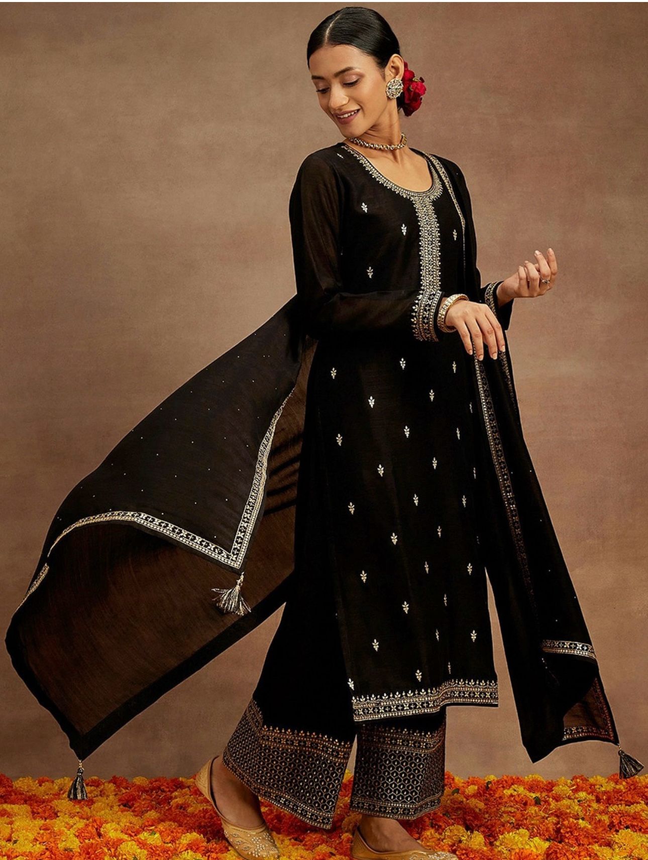 Kurta With Palazzos & Dupatta with Floral Embroidery having Regular Sequinns