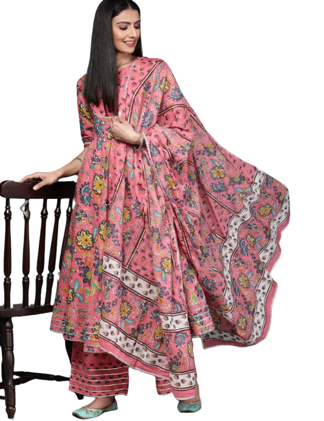 Rosa floral bedruckte getäfelte Kurta aus reiner Baumwolle mit Palazzos und Dupatta