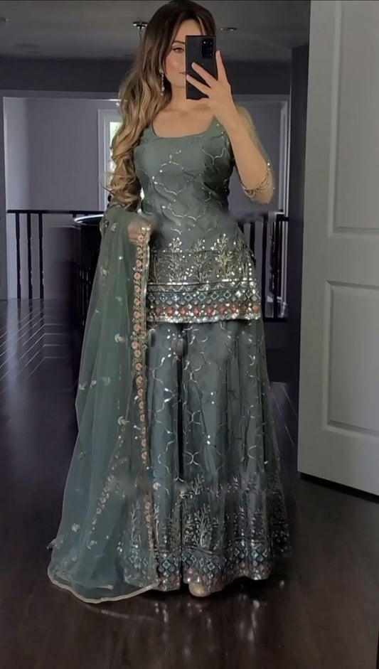 Party Wear Look Top-Plazzo and Dupatta With Heavy Embroidery Work Suit