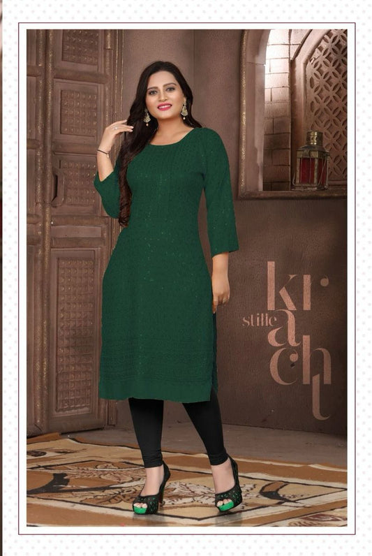 Women Bottle Green Embroidered with Sequence Chikankari Straight Kurta embroidery and fabric detail - Neha Couture Indian Fashion