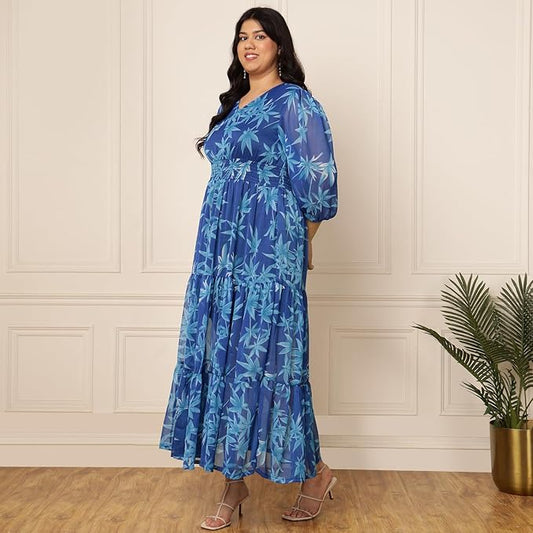 Women's Tiered & Smocked Plus Size Maxi Dress embroidery and fabric detail - Neha Couture Indian Fashion