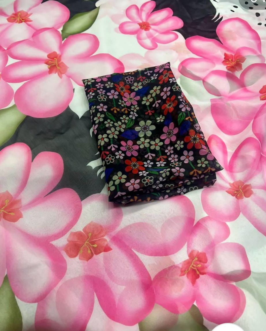 Soft gorgette party Stylish saree with digital blouse {unstitched}
