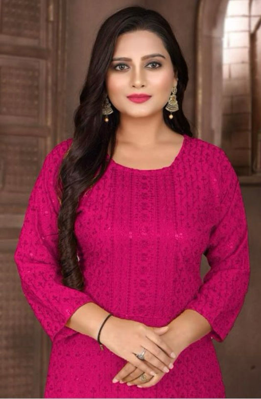Women Rani Pink Embroidered with Sequence Chikankari Straight Kurta embroidery and fabric detail - Neha Couture Indian Fashion