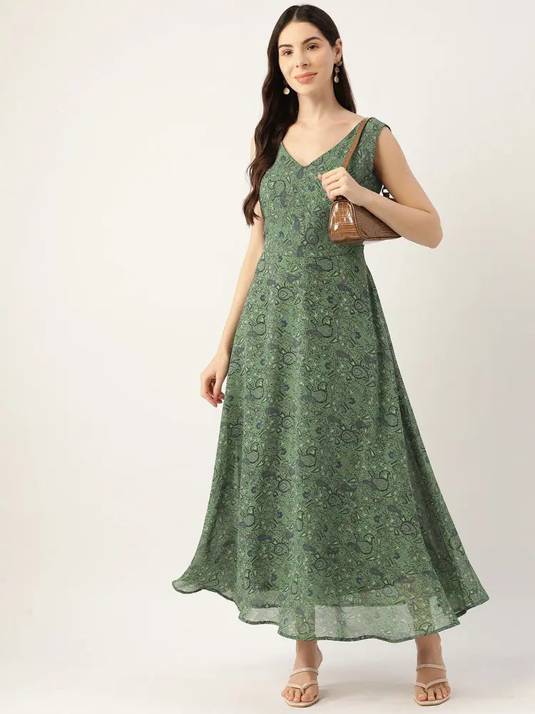 Green Floral Printed V- Neck Maxi Dress in Berlin