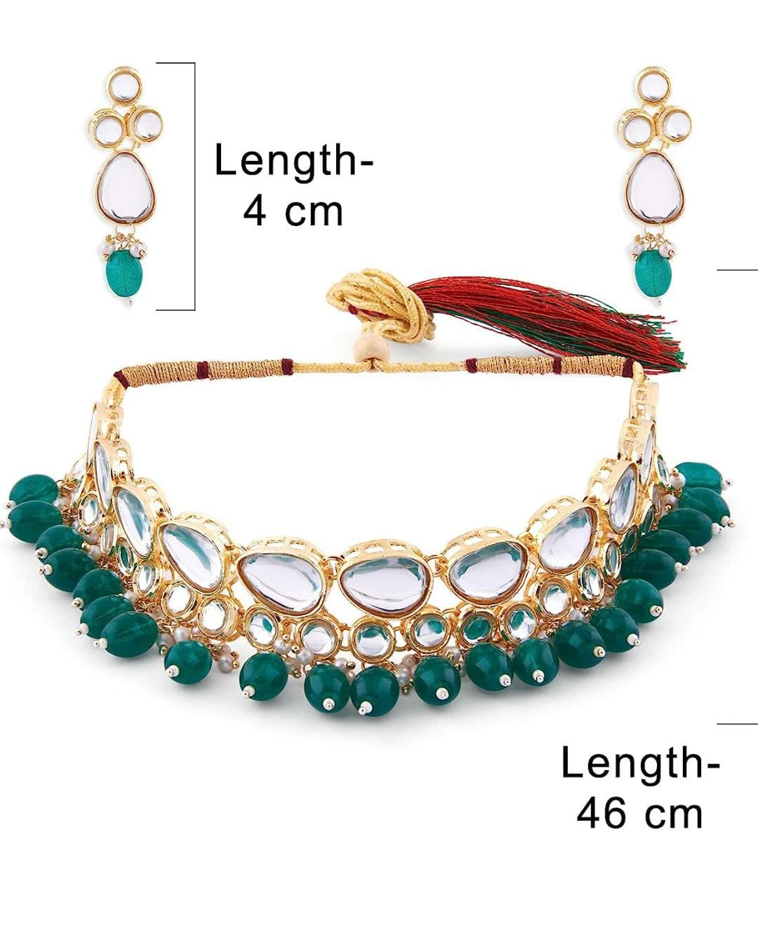 Green Beads Kundan Choker Necklace Earring & Ring Set For Women