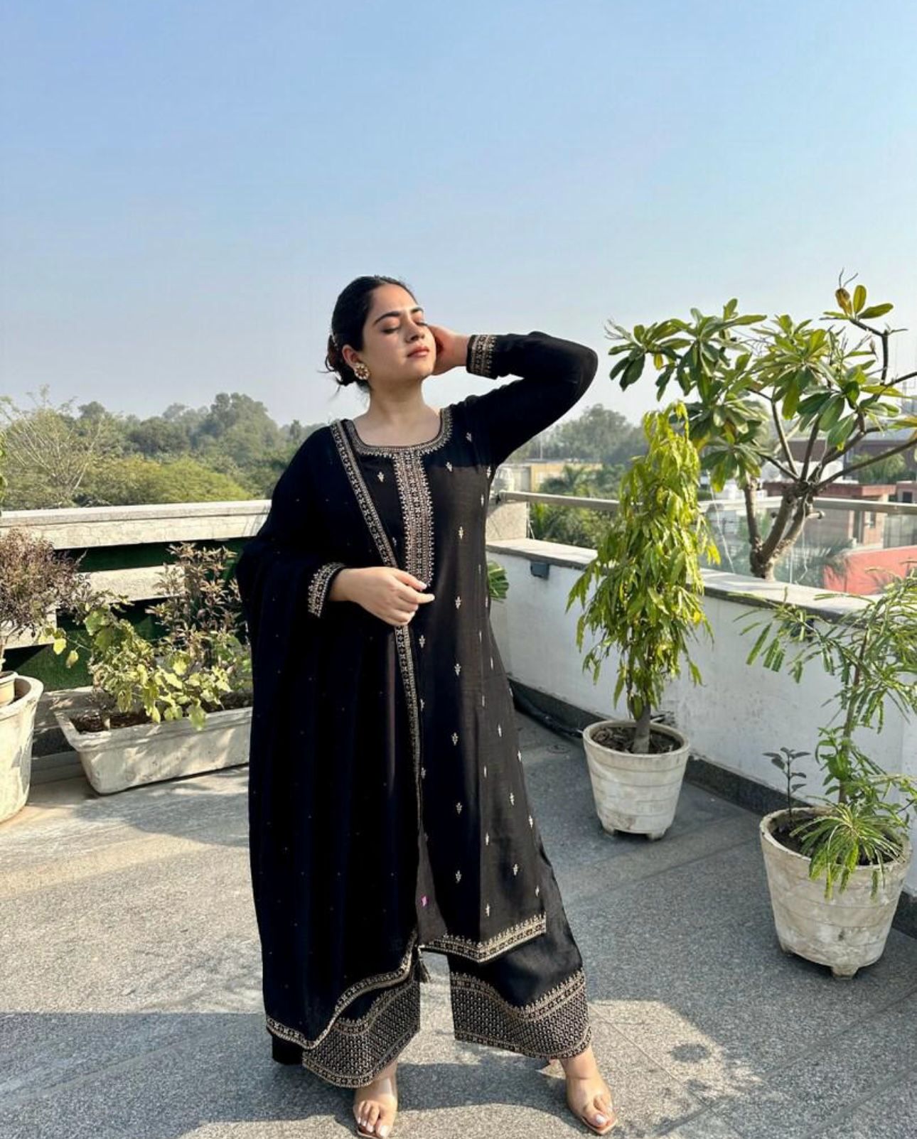 Kurta With Palazzos & Dupatta with Floral Embroidery having Regular Sequinns