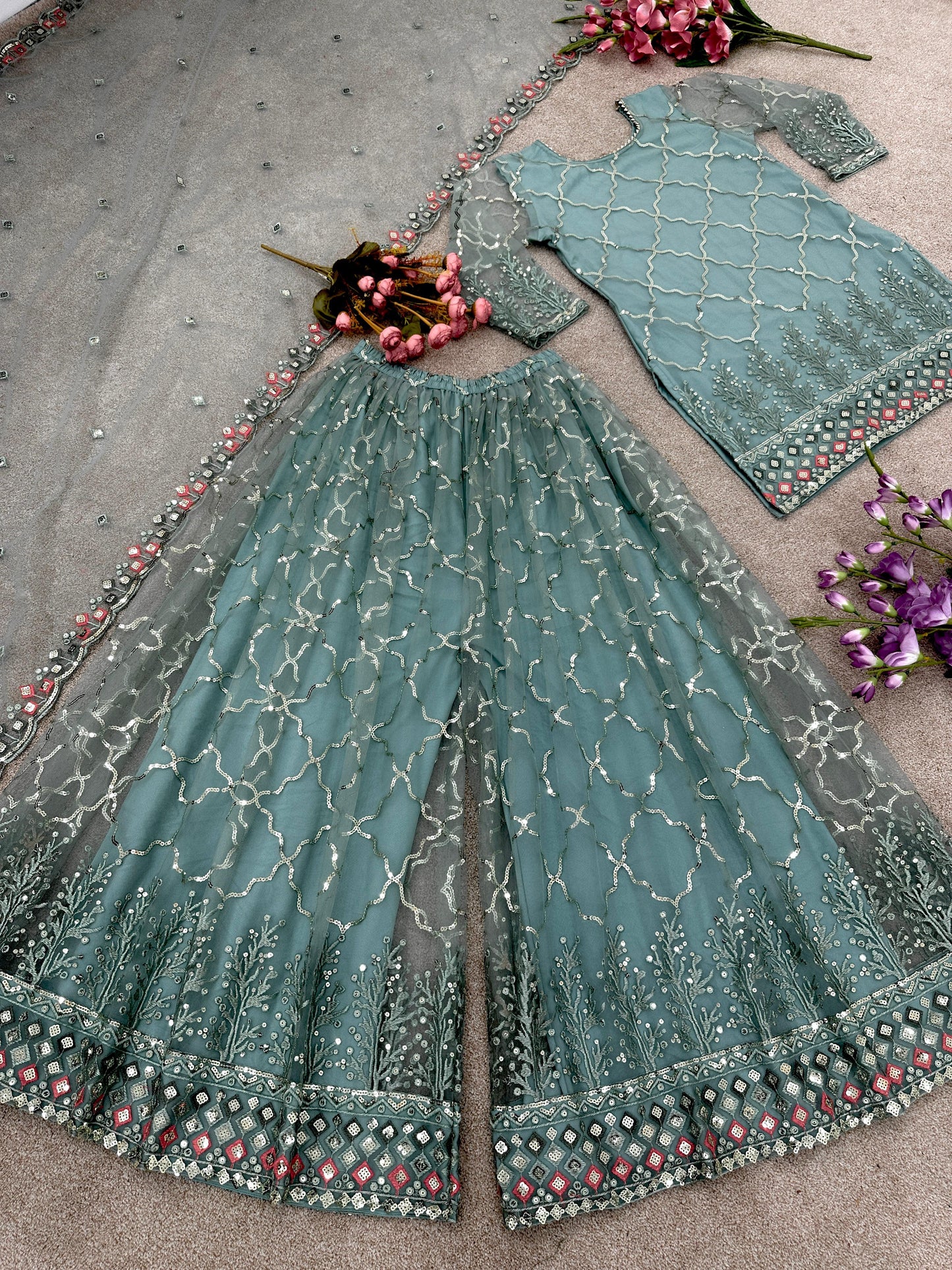 Party Wear Look Top-Plazzo and Dupatta With Heavy Embroidery Work Suit