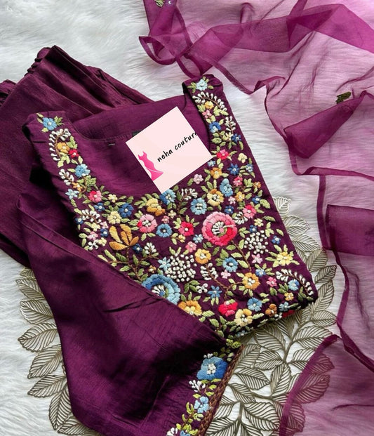 Muslin silk fully worked kurta set