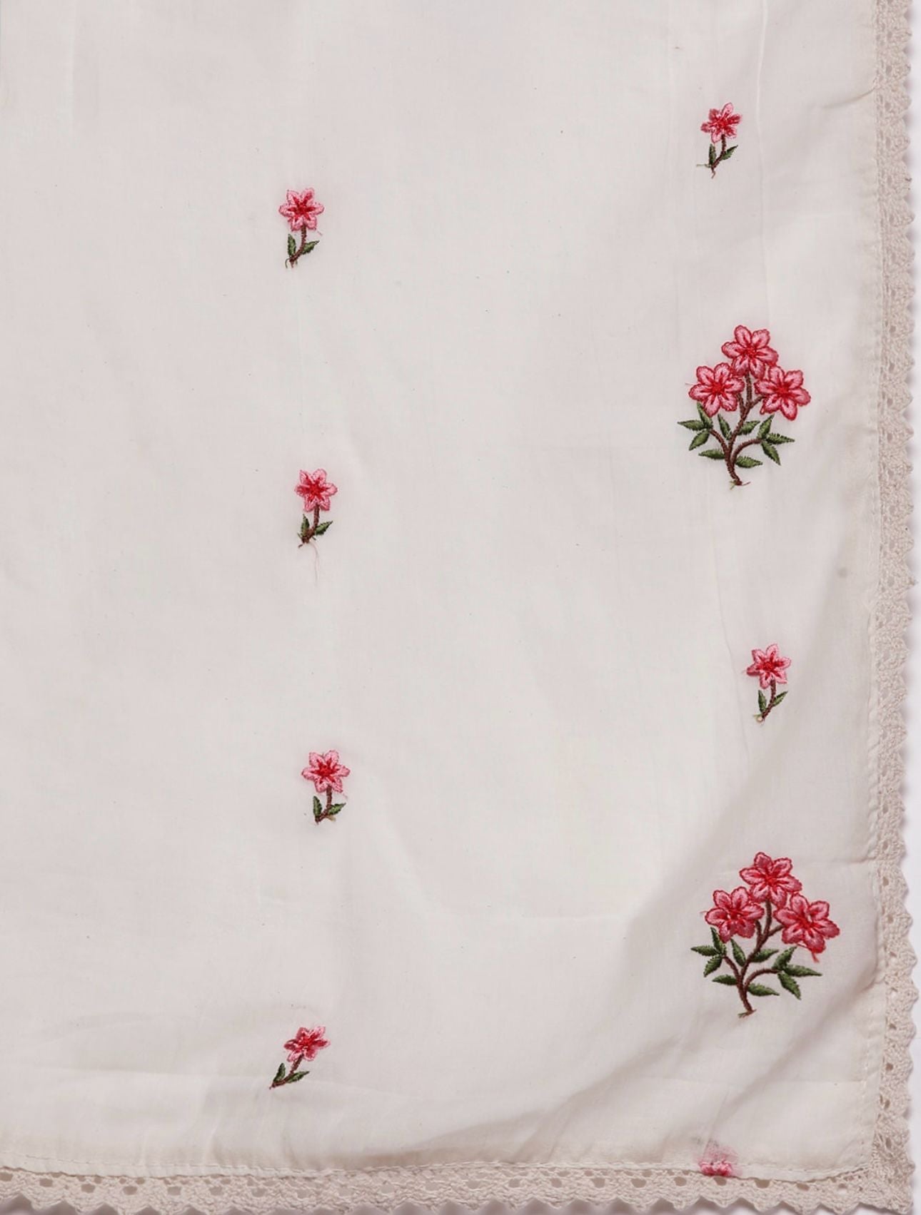 Off White & Pink Cotton Floral Thread Work Kurta with Palazzos & Dupatta