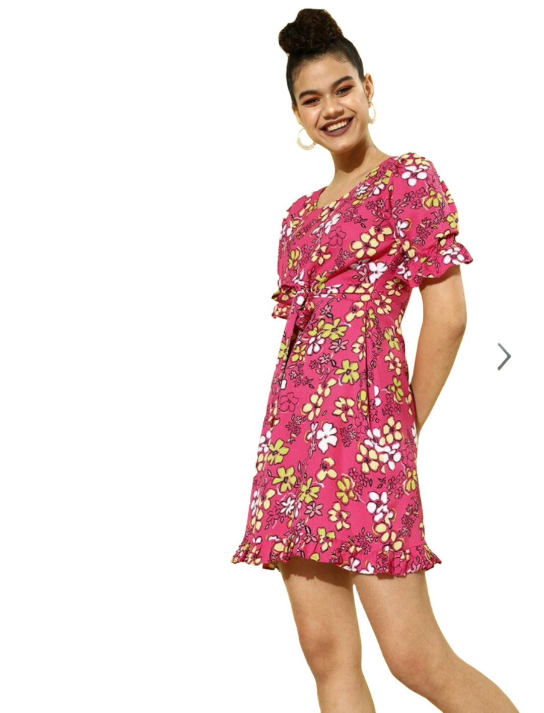 Women Pretty Pink Floral Cinched Waist Dress