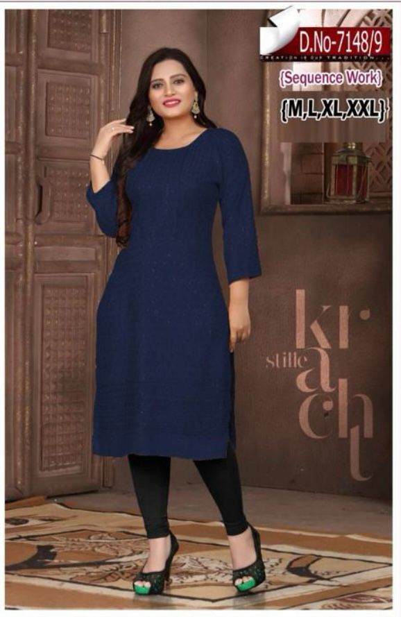 Damen Marineblau bestickt mit Sequence Chikankari Straight Kurta
