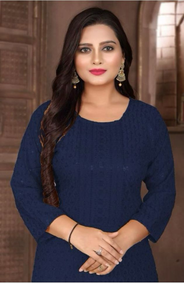 Damen Marineblau bestickt mit Sequence Chikankari Straight Kurta