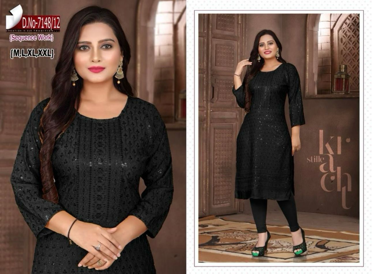 Women Black Embroidered with Sequence Chikankari Straight Kurta