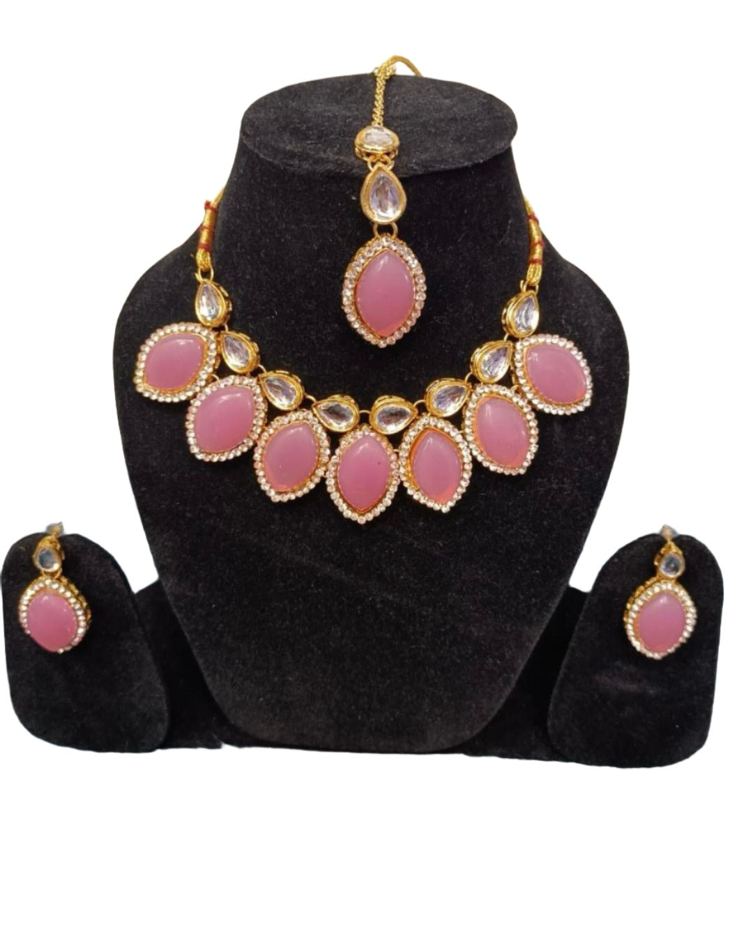 Choker Necklace Kundan & Stone Studded With Earrings Set pink